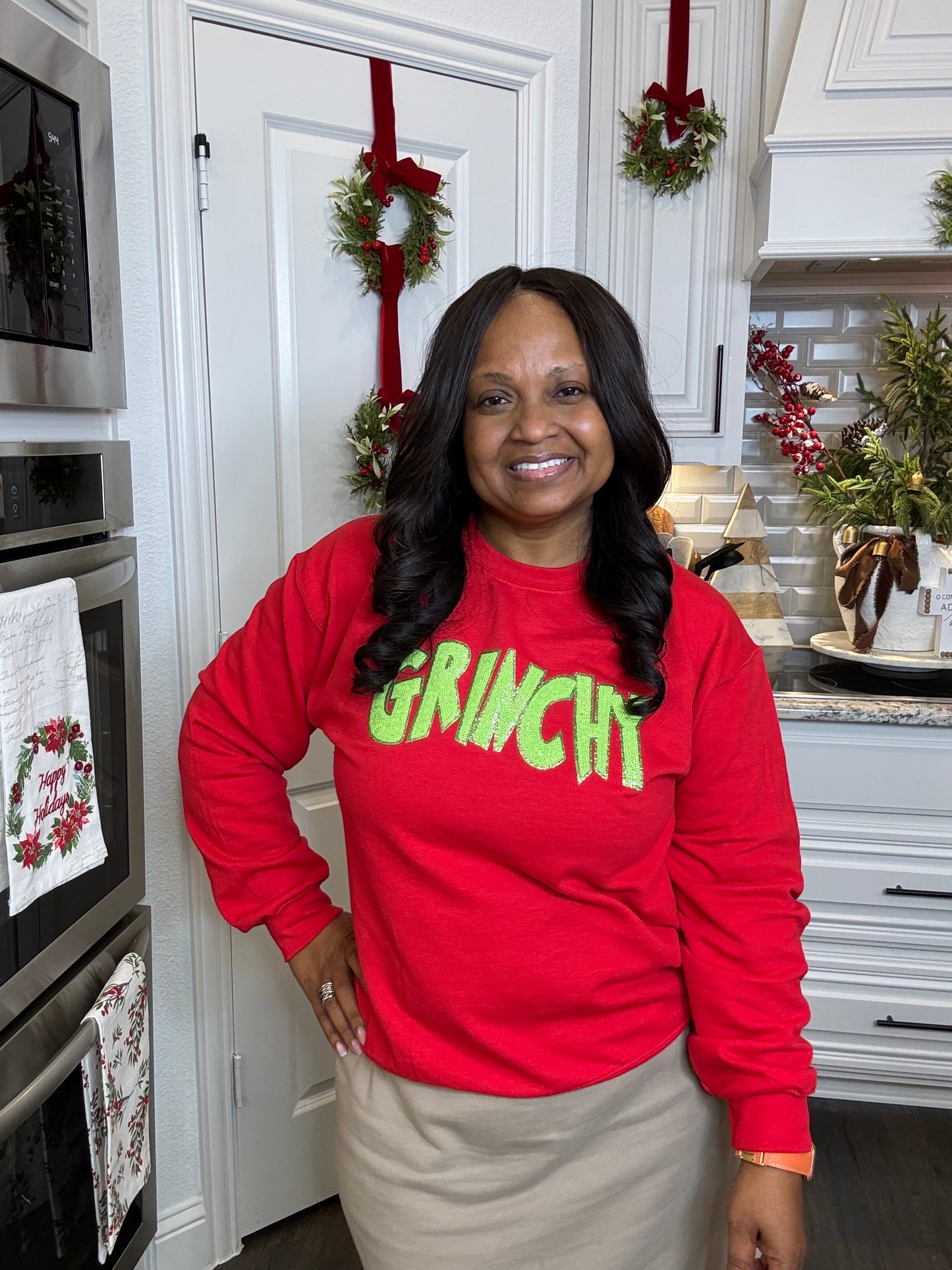 GRINCHY Holiday Patch Crewneck – Modest & Cozy Christmas Sweatshirt