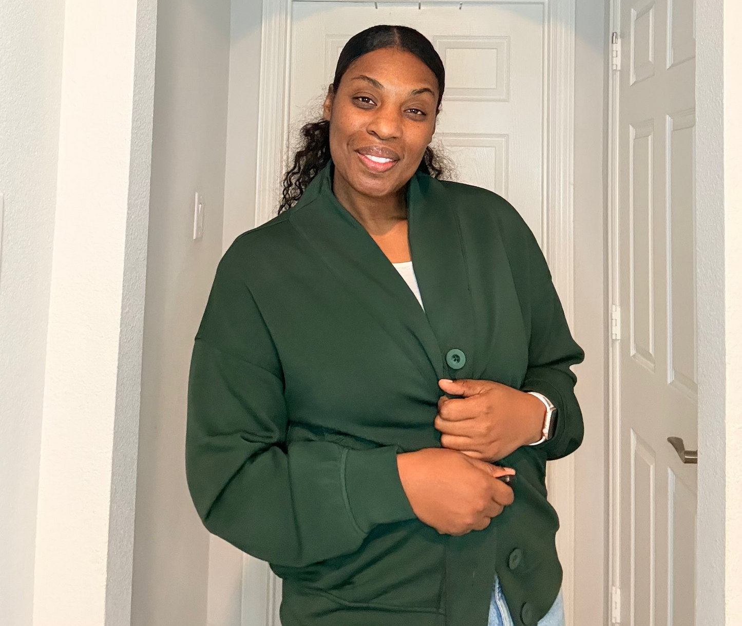 Cozy Button-Up Shawl Collar Sweater – Deep Forest Green