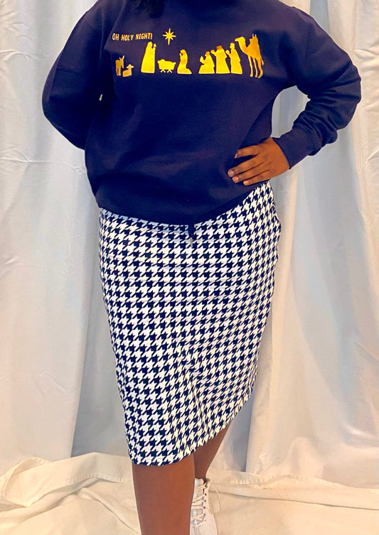 Navy Houndstooth Straight Skirt