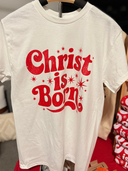 Christ Is Born Christmas Tee – White & Red