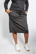 Two & Nine | Modest Athletic Skirt with Built-In Shorts | 24” Length, Drawstring Waist, Zipper Pockets | Black