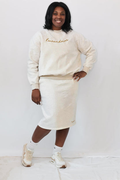 Two & Nine | Modest Cozy Sweatshirt & Skirt Set | Cream Fleece Lounge Set for Women