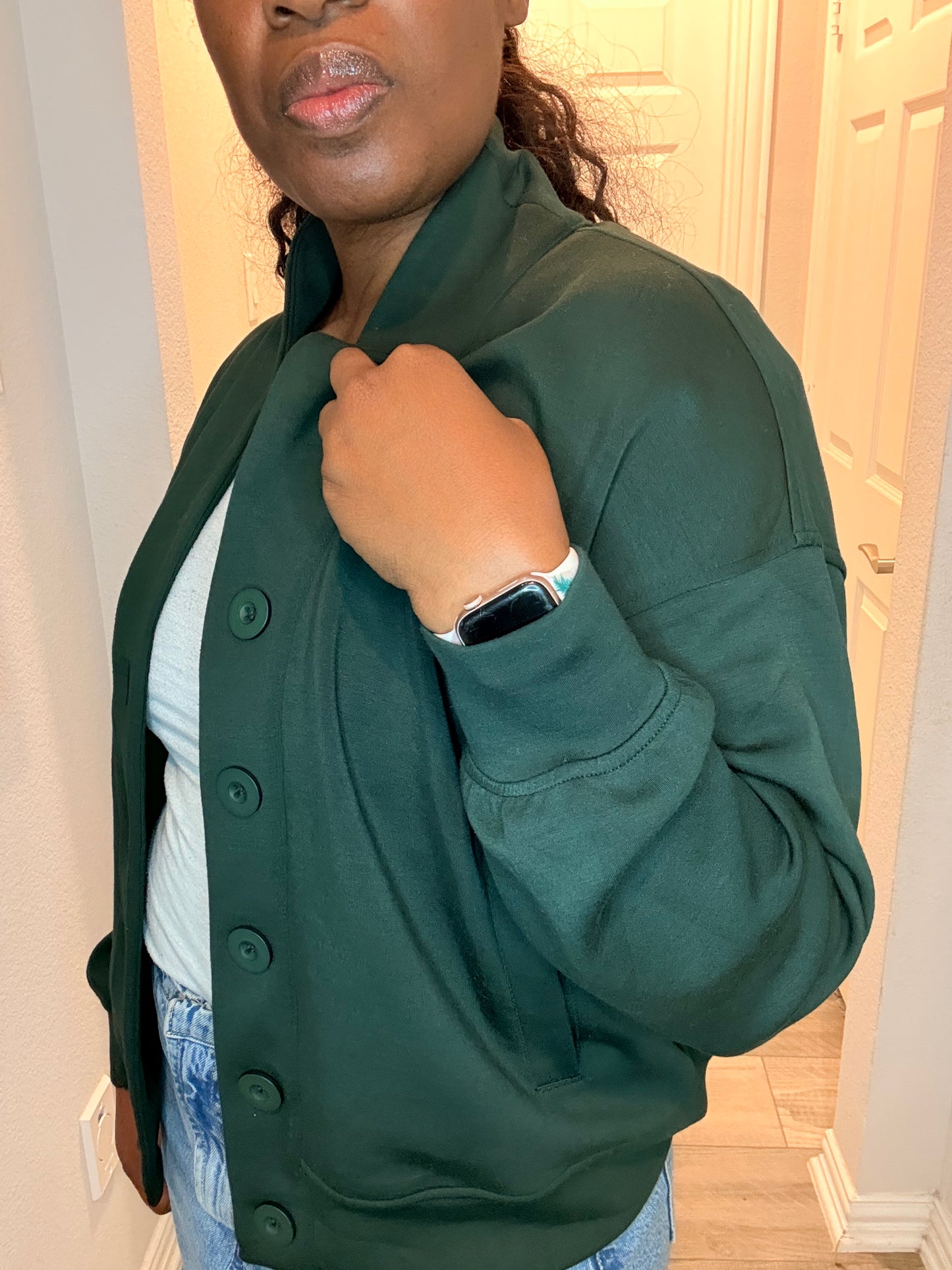 Cozy Button-Up Shawl Collar Sweater – Deep Forest Green