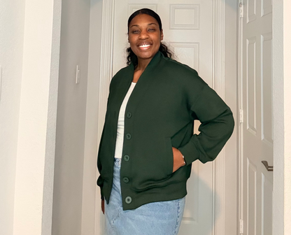 Cozy Button-Up Shawl Collar Sweater – Deep Forest Green