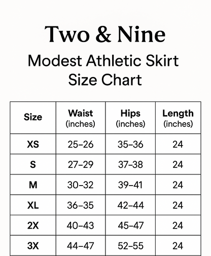 Two & Nine | Modest Athletic Skirt with Built-In Shorts | 24” Length, Drawstring Waist, Zipper Pockets | Black