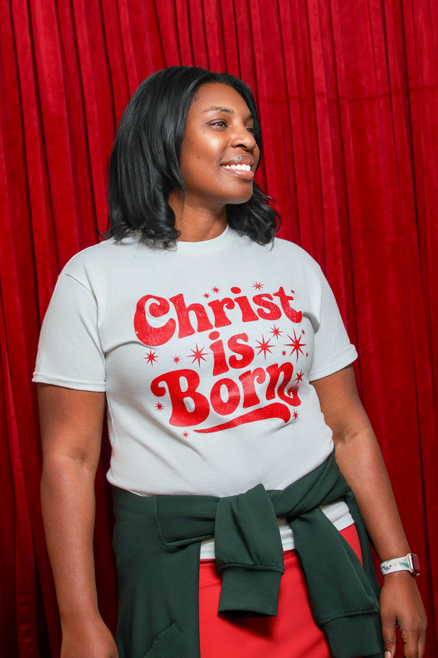 Christ Is Born Christmas Tee – White & Red